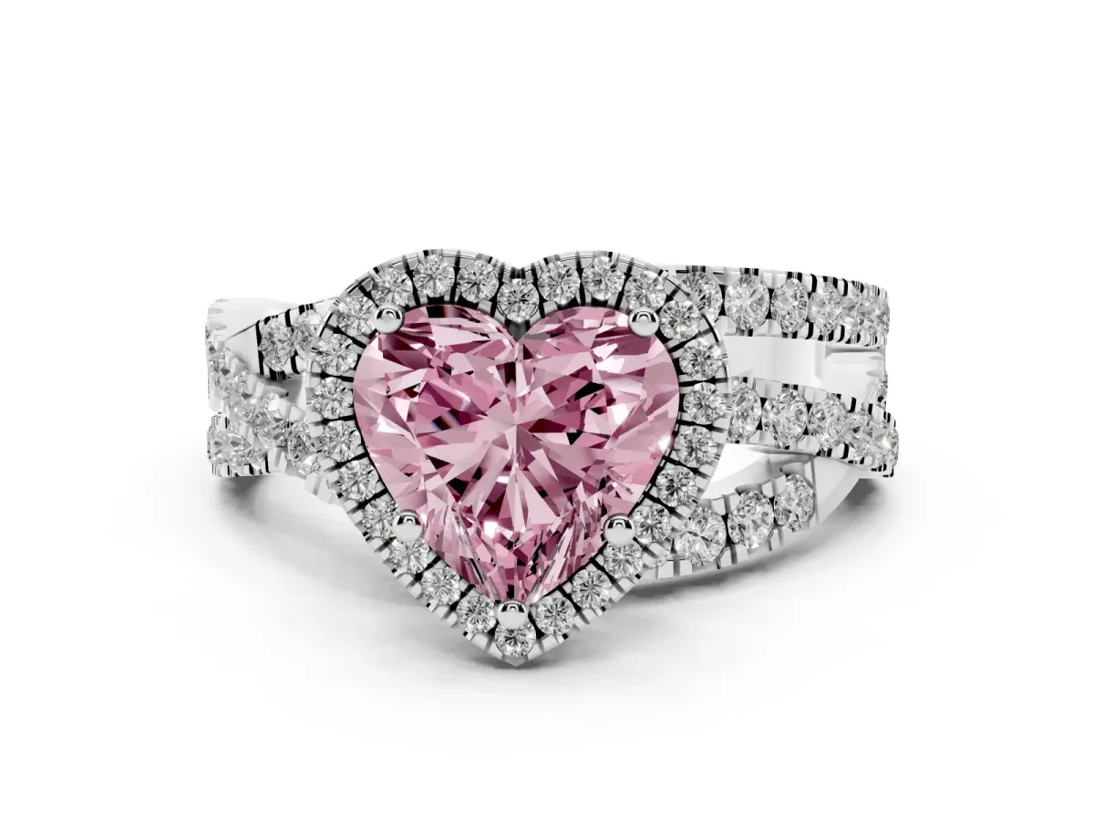 Fancy Pink Heart Cut Diamond Halo Ring with Round Split Shank and Prong Setting Platinum