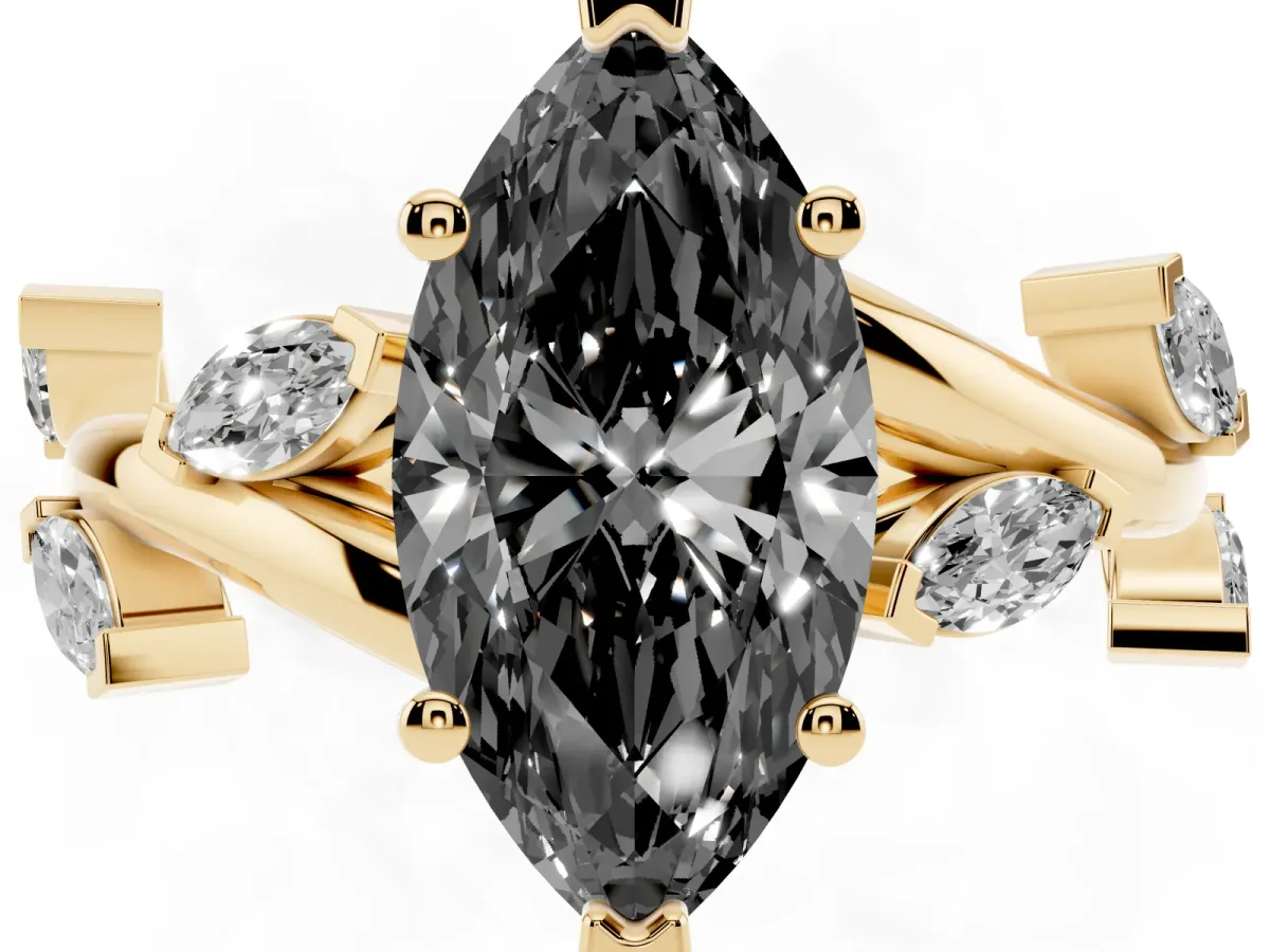 Fancy Black Marquise Cut Solitaire Twisted Band Marquise Accent Prong Setting Ring Yellow gold