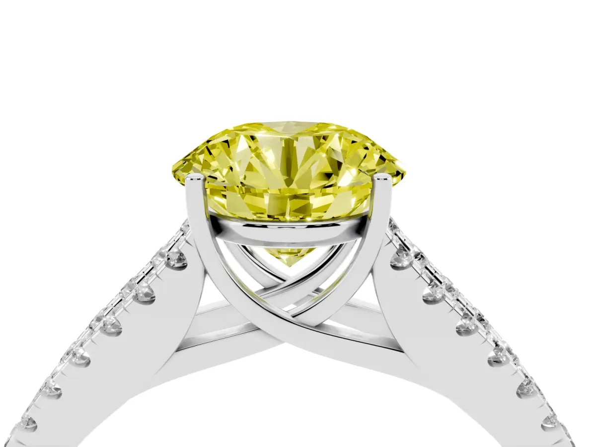 Fancy Yellow Round Cut Diamond Split Shank Pavé Engagement Ring with Four-Prong Setting White gold
