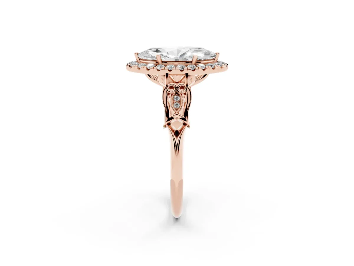 Marquise Cut Halo Diamond Engagement Ring with Filigree Band and Four-Prong Setting Rose gold