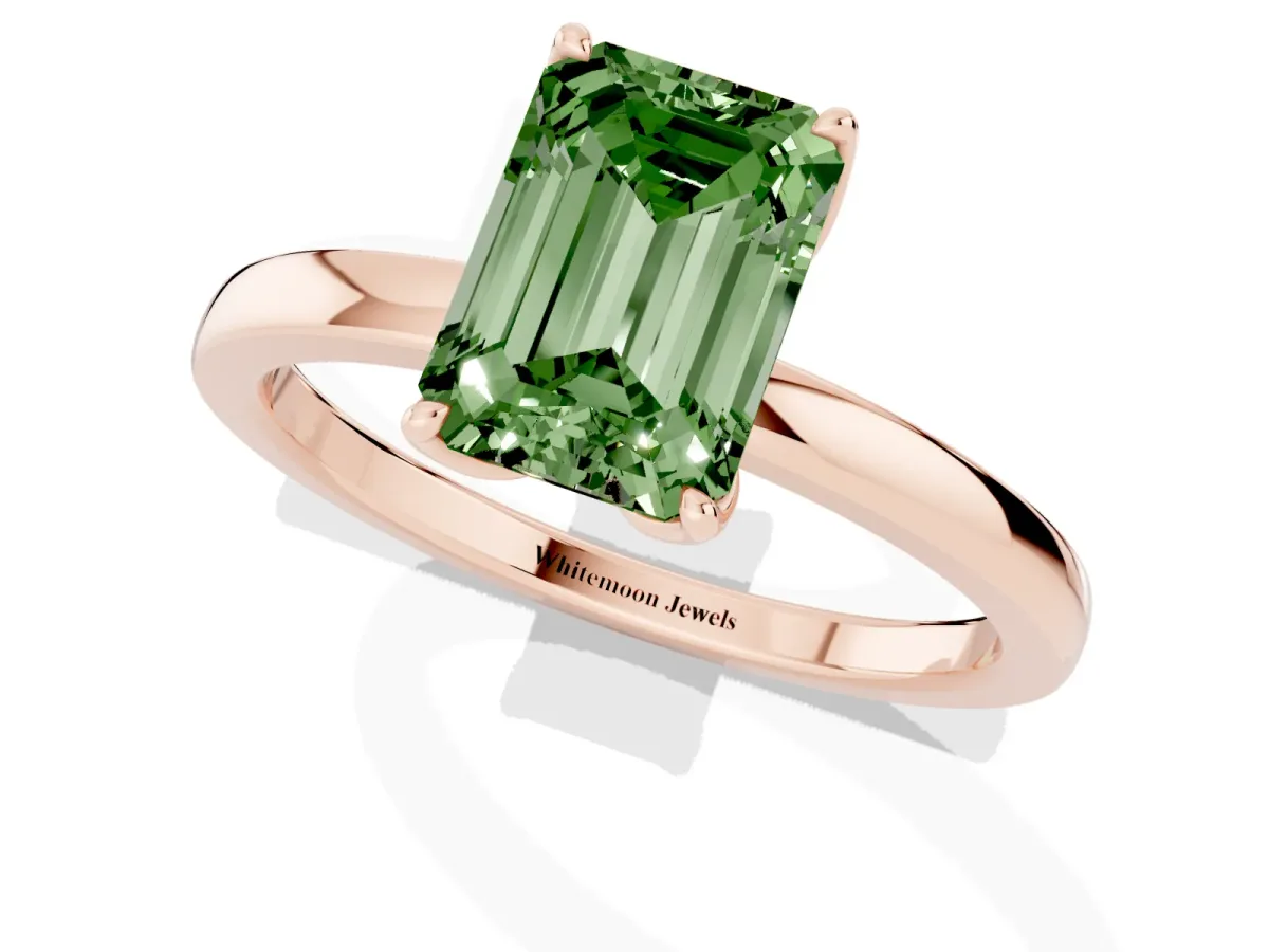 Fancy Green Emerald Cut Diamond Solitaire Ring with Thin Band and Prong Setting Rose gold