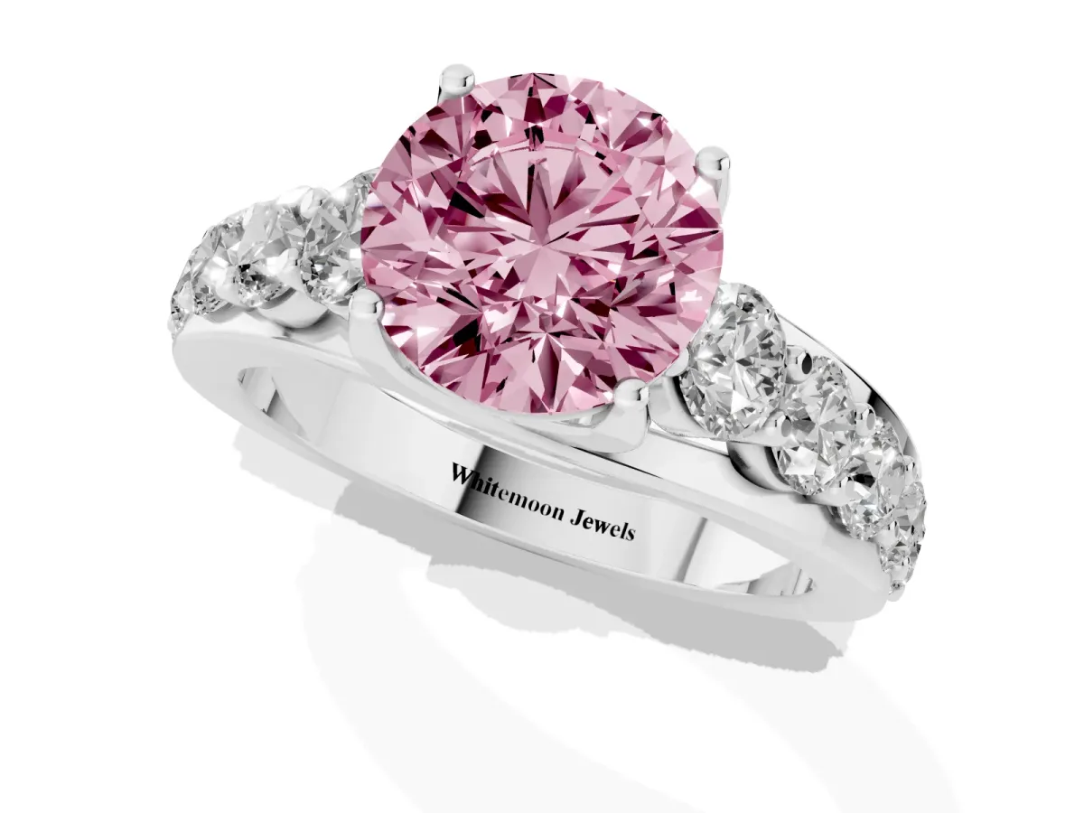 Fancy Pink Round Cut Diamond Engagement Ring with Pavé Band and Four-Prong Setting Platinum