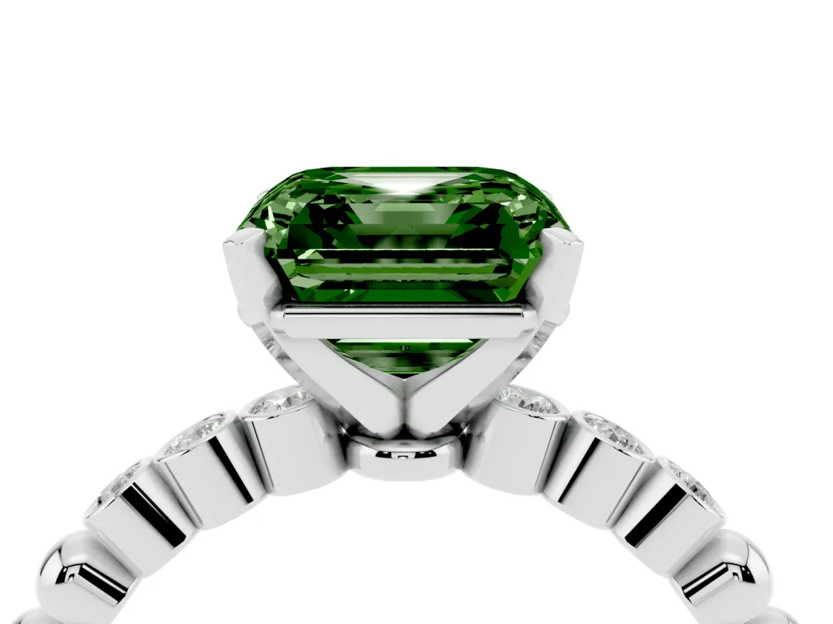 Fancy Green Asscher Cut Solitaire Bezel Accent Diamond Engagement Ring with Beaded Band and Four-Prong Setting Silver