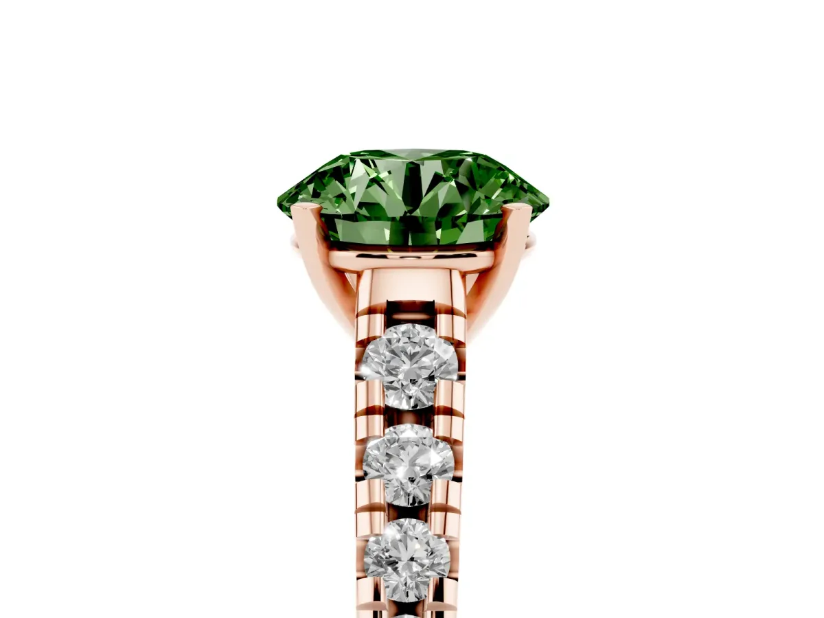 Fancy Green Round Cut Diamond Cathedral Solitaire Ring with Round Pavé Band Rose gold