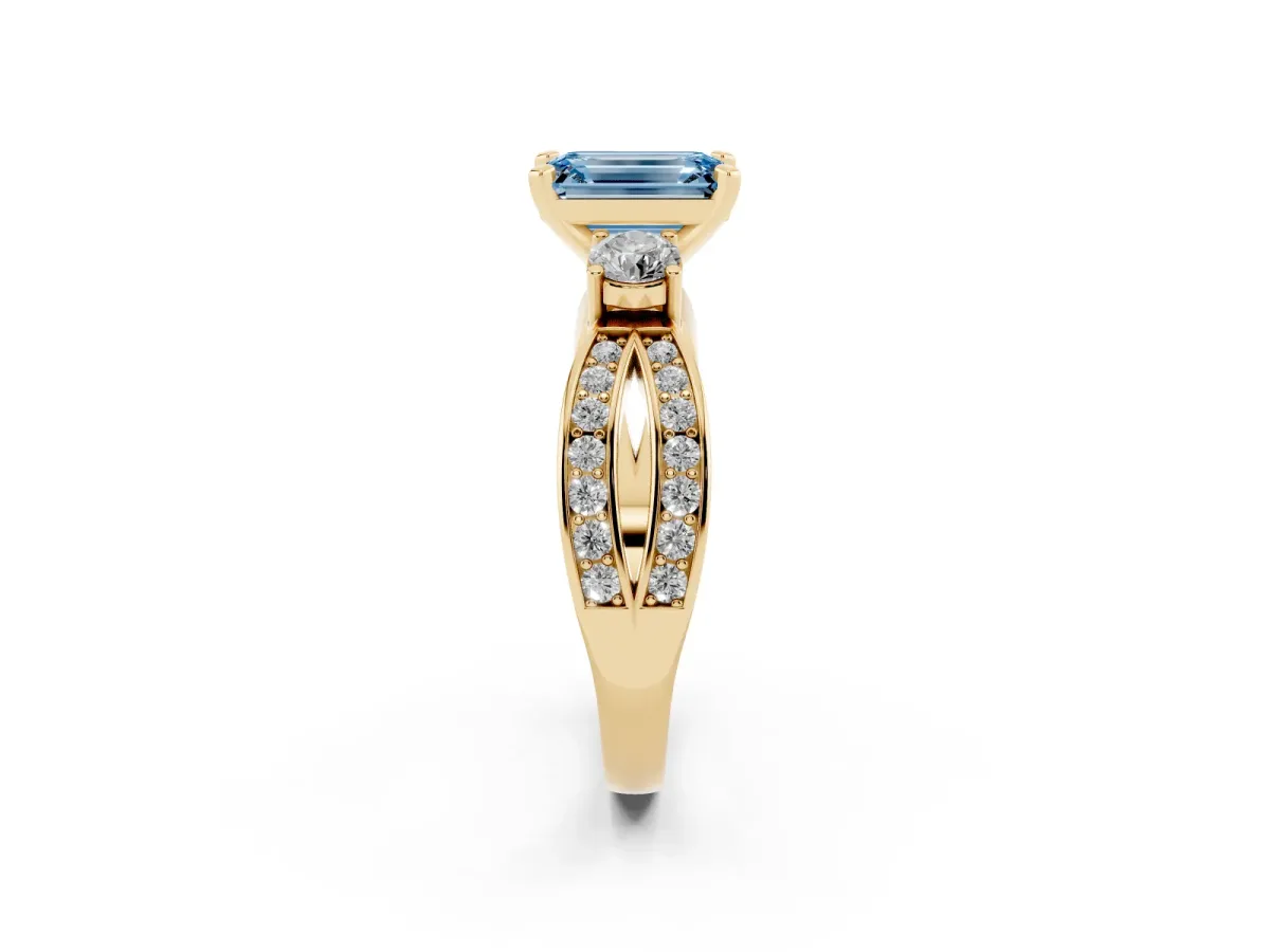 Fancy Blue Three-Stone Emerald Cut Cut Diamond Twist Band with Prong Setting Yellow gold