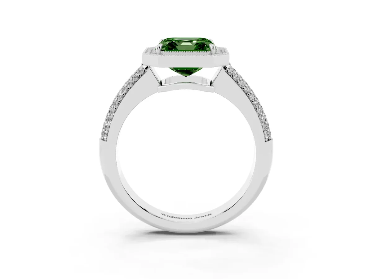 Fancy Green Asscher Cut Cut Halo Diamond Pave Band with Four-Prong Setting Platinum