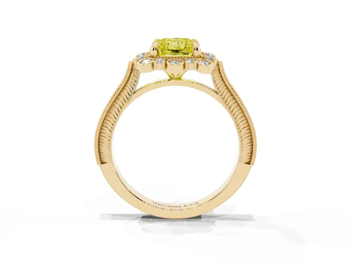 Fancy Yellow Radiant Cut Halo Milgrain Pave Diamond Ring with Four-Prong Setting Yellow gold