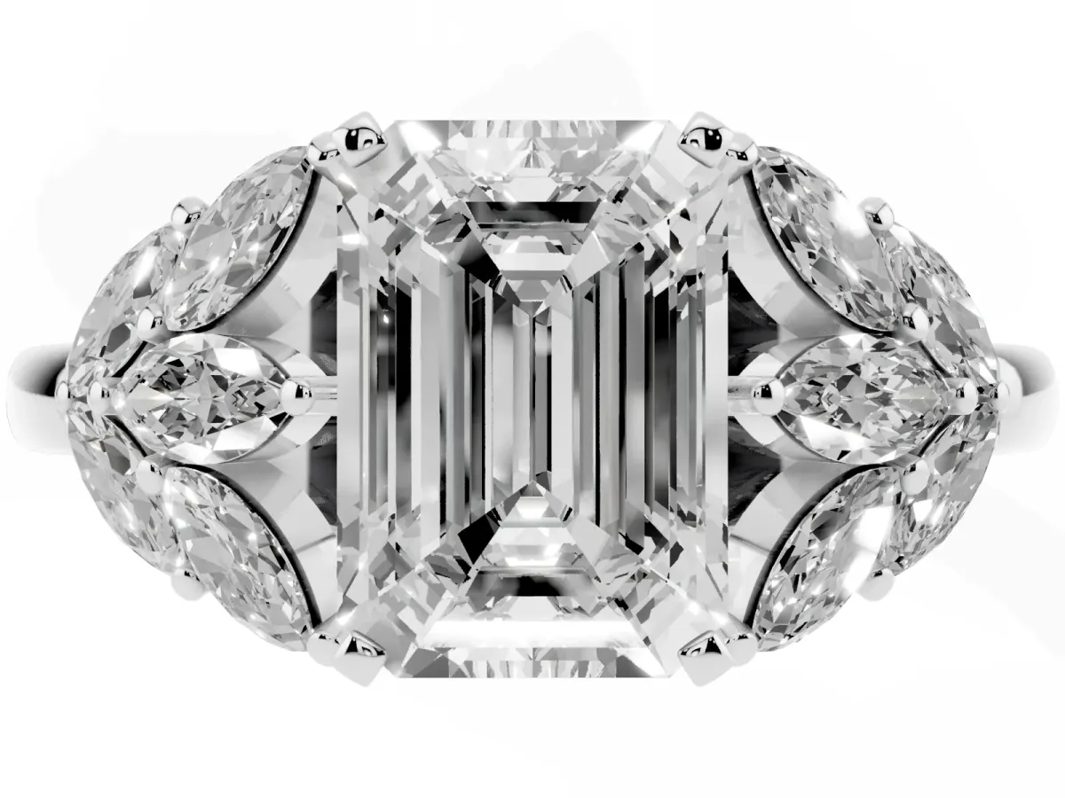 Emerald Cut Diamond Cluster Leaf Design Ring with Prong Setting White gold