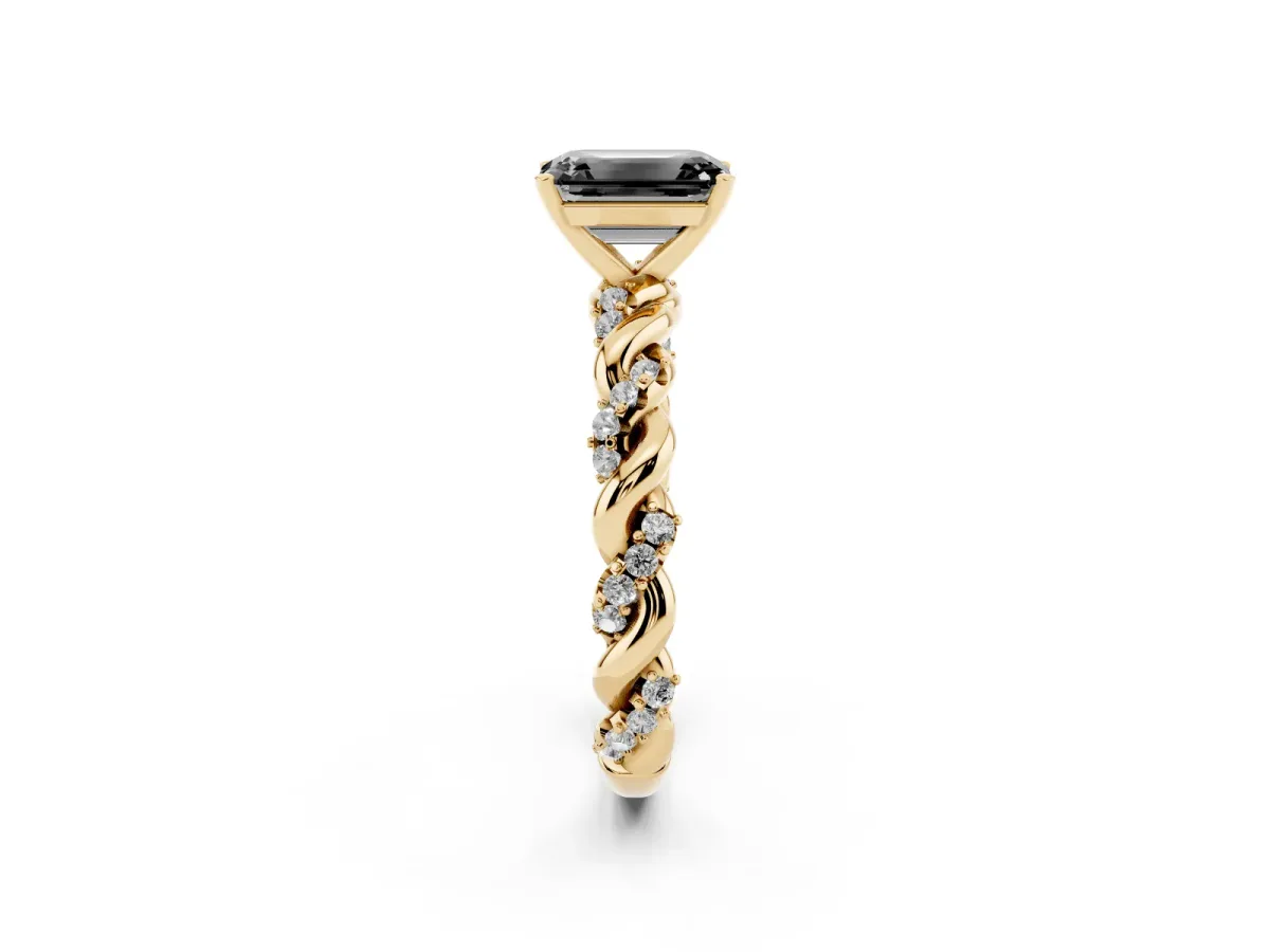 Fancy Black Emerald Cut Diamond Solitaire Ring with Twisted Band and Pavé Accents Yellow gold