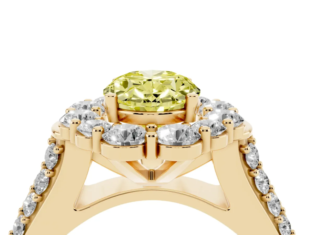 Fancy Yellow Oval Cut Halo Diamond Engagement Ring with Split Shank and Prong Setting Yellow gold