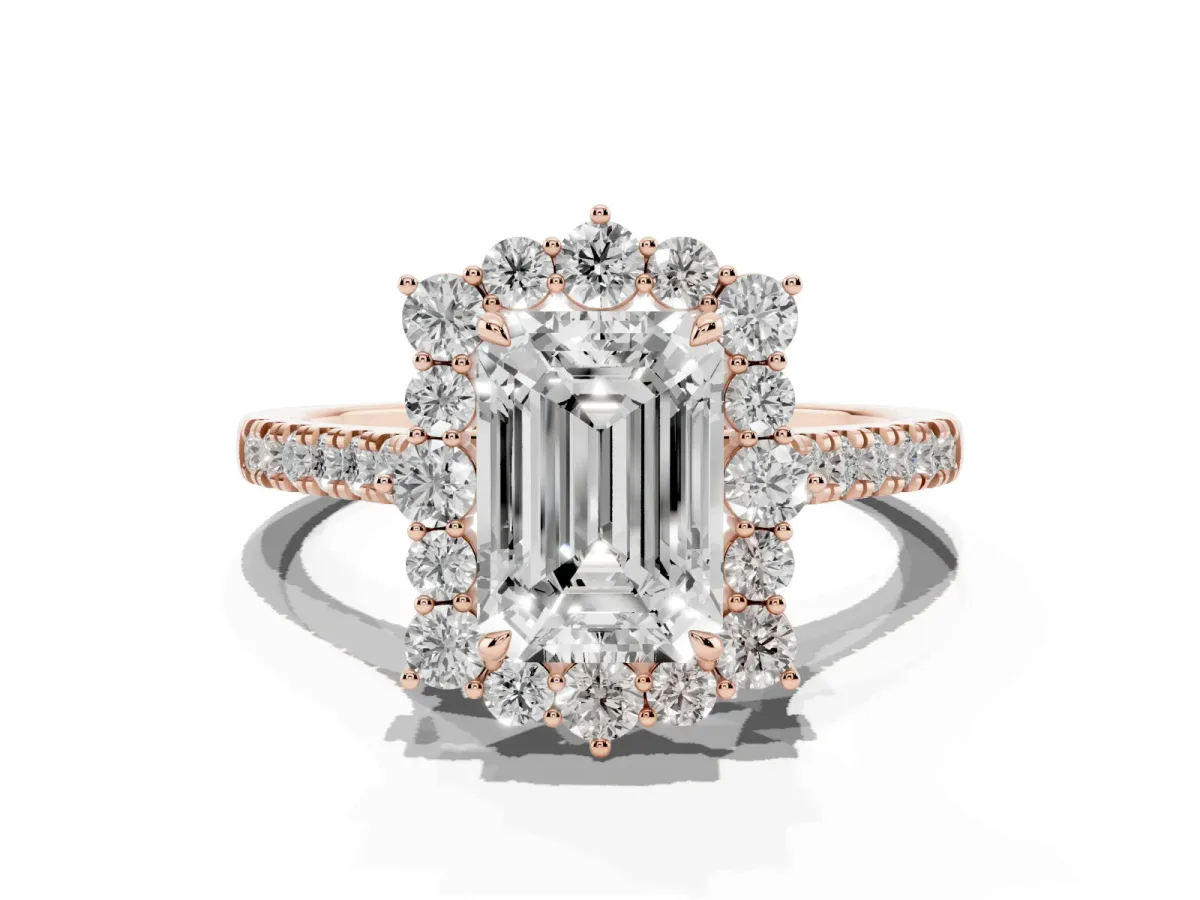 Emerald Cut Halo Diamond Ring with Pavé Band and Prong Setting Rose gold