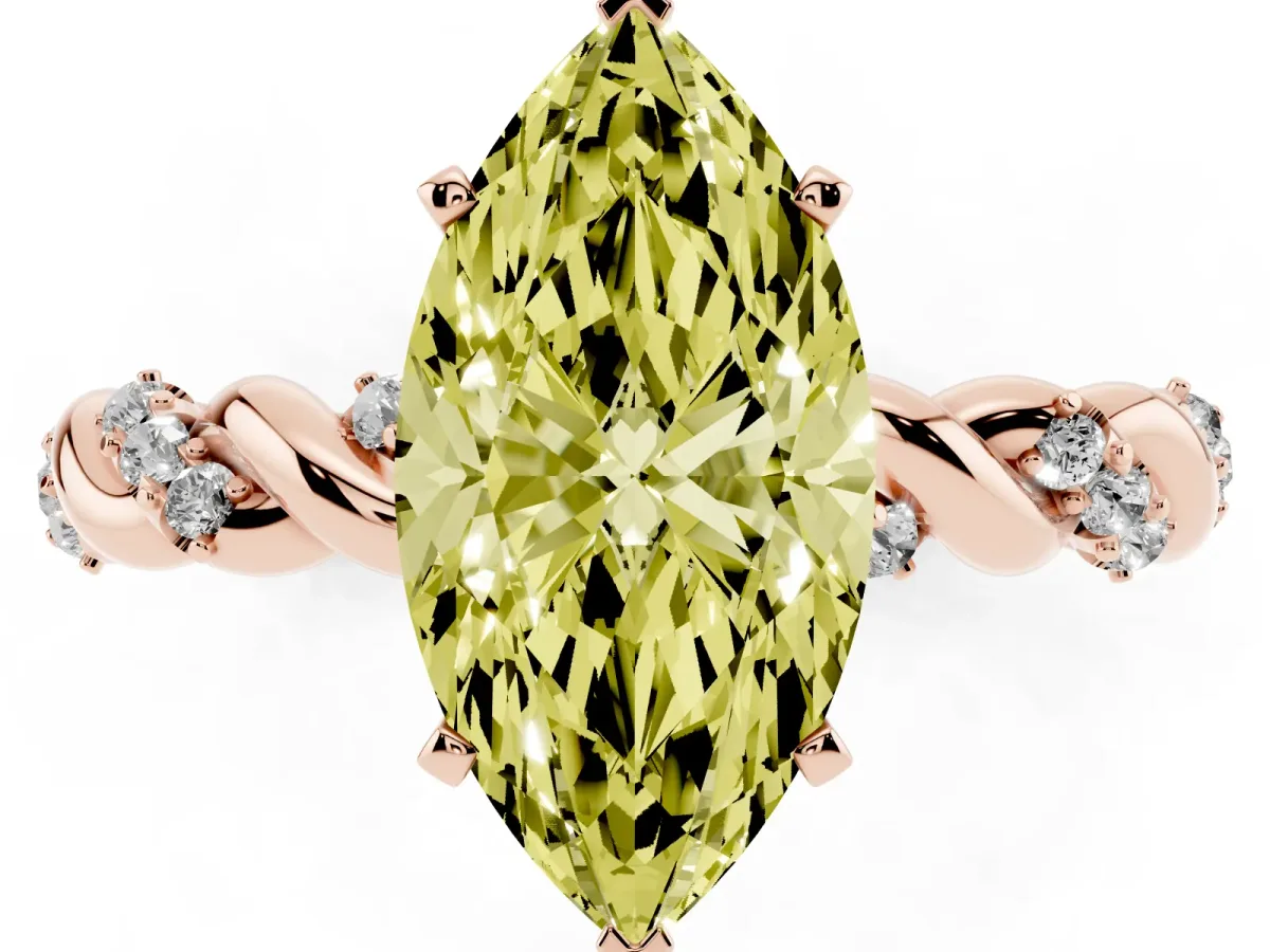 Fancy Yellow Marquise Cut Diamond Solitaire Ring with Twisted Band and Pavé Accents Rose gold