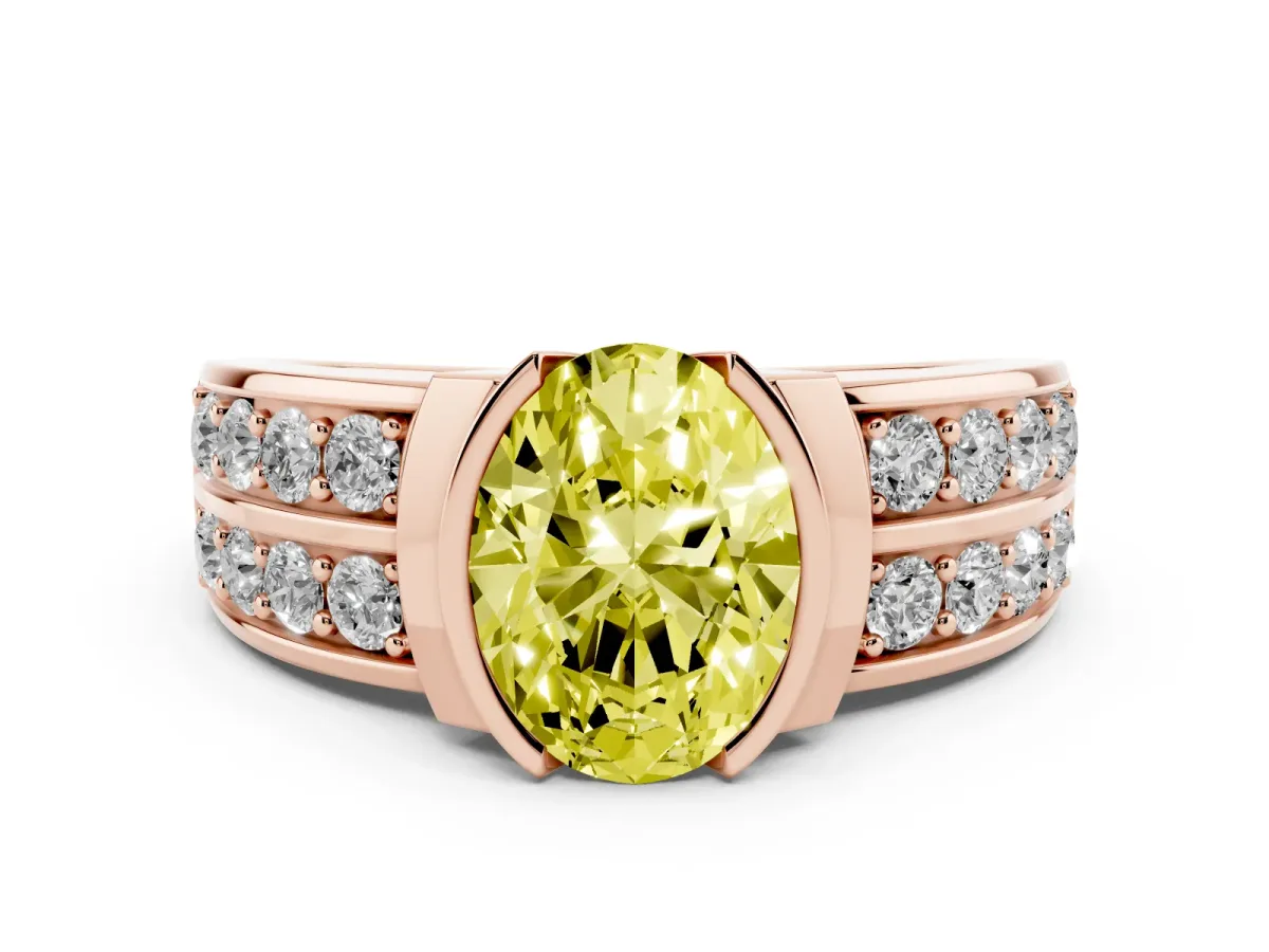Fancy Yellow Oval Cut Brilliant Diamond Channel Set Wide Band Ring with Bezel Setting Rose gold