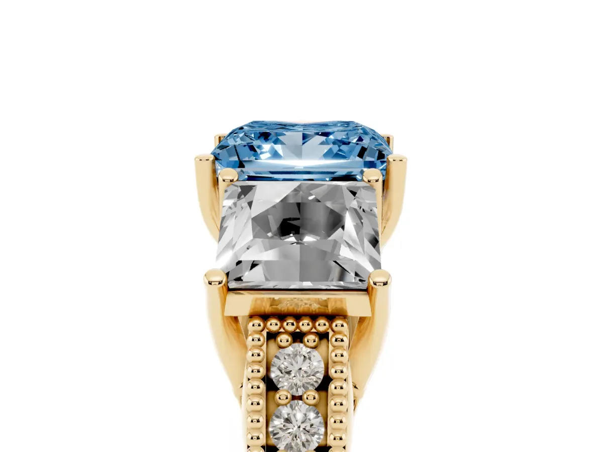 Fancy Blue Three-Stone Princess Cut Cut Milgrain Pavé Engagement Ring Yellow gold