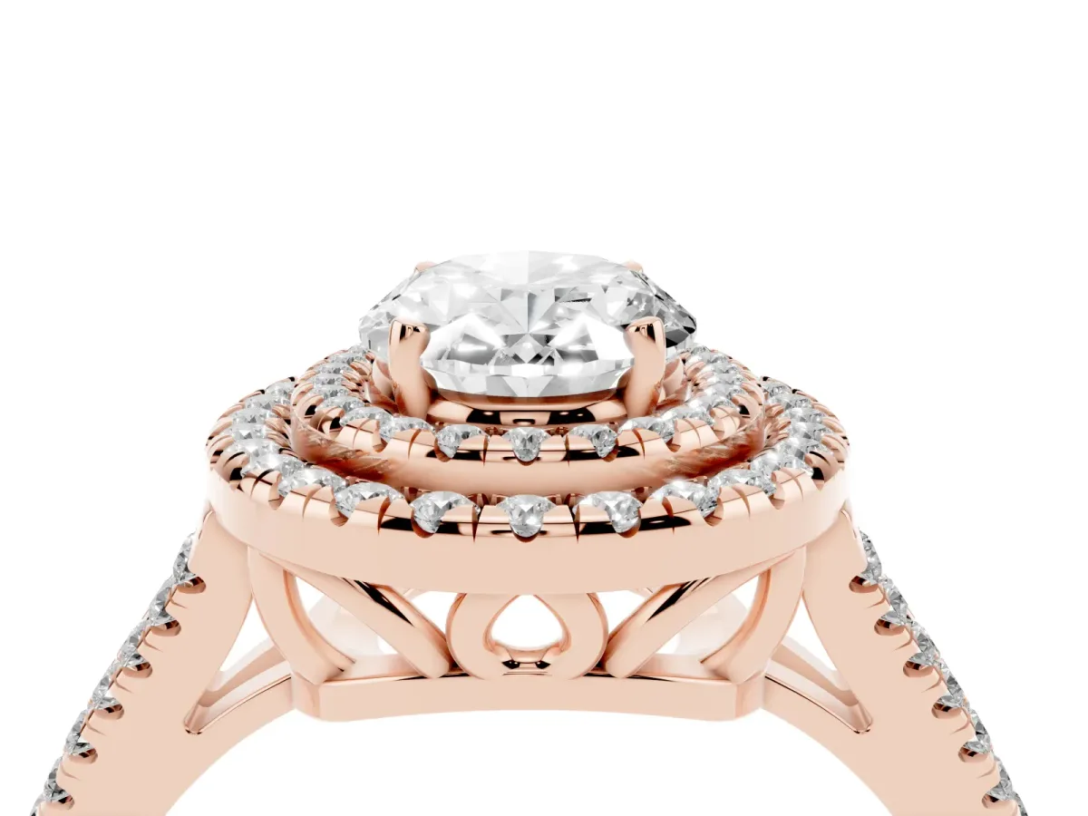 Oval Cut Diamond Double Halo Ring with Pavé Band and Prong Setting Rose gold