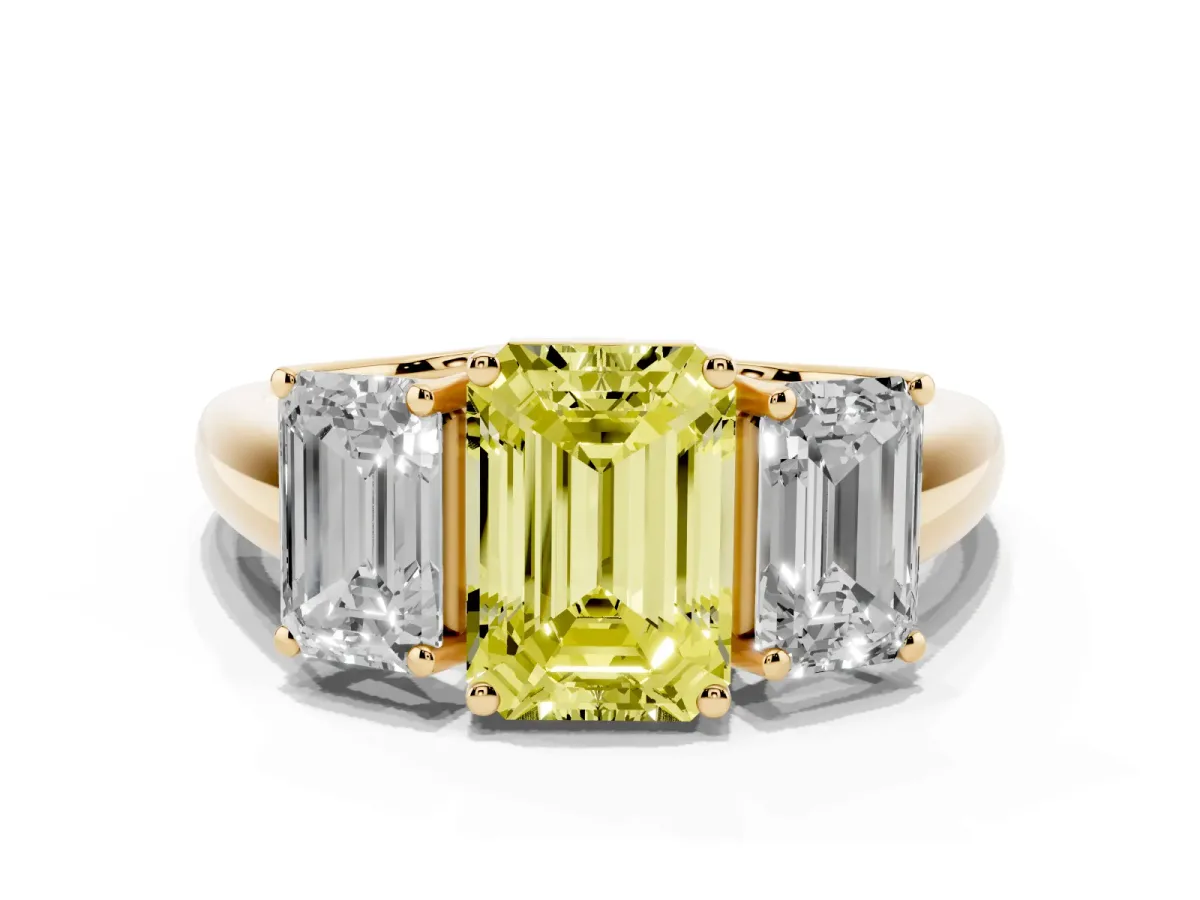 Fancy Yellow Three-Stone Emerald Cut Diamond Engagement Ring with Prong Setting Yellow gold