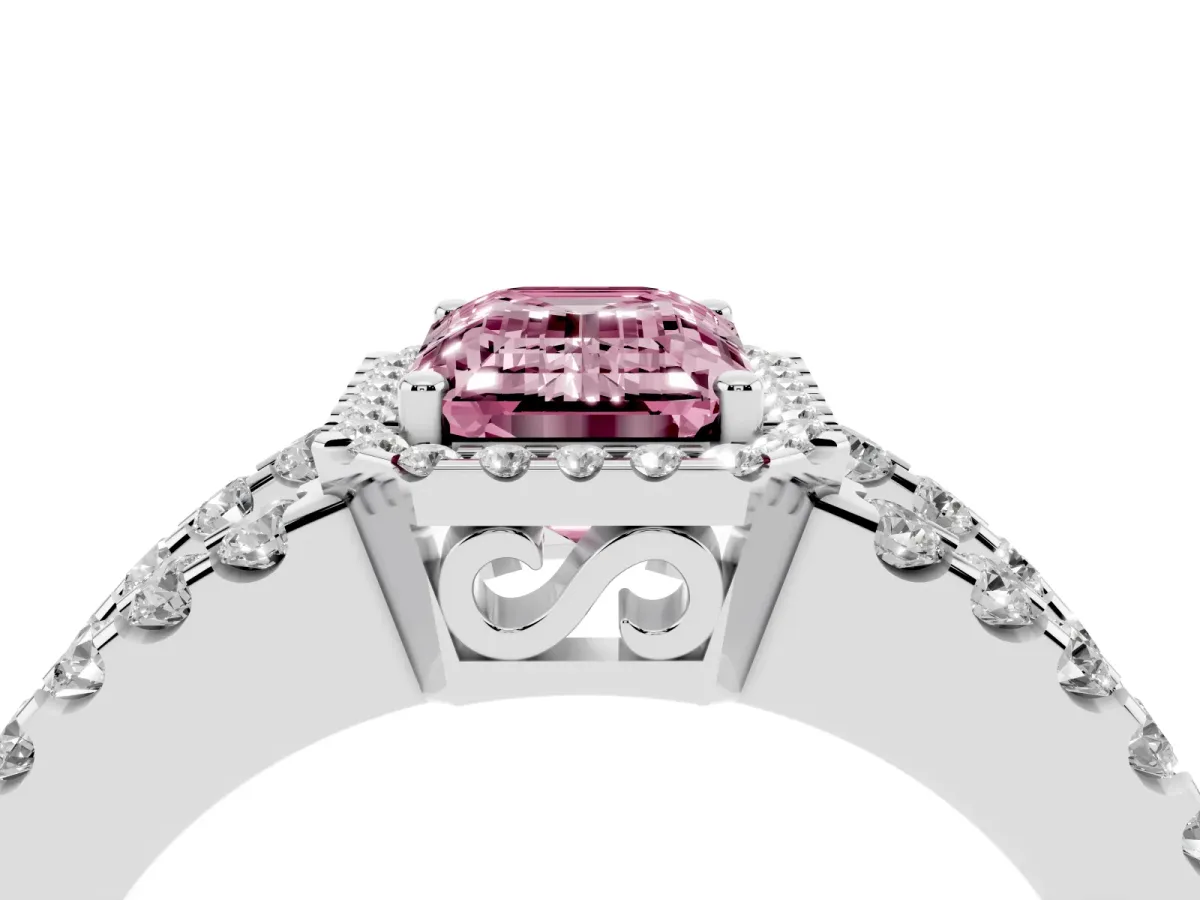 Fancy Pink Emerald Cut Cut Halo Split Shank Diamond Ring with Four-Prong Setting Silver