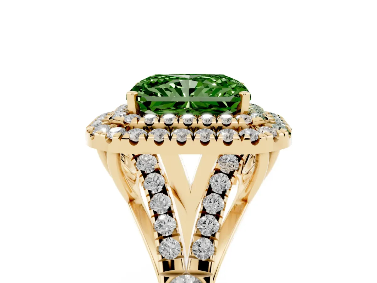 Fancy Green Double Halo Radiant Cut Diamond Split Shank Engagement Ring with Four-Prong Setting Yellow gold