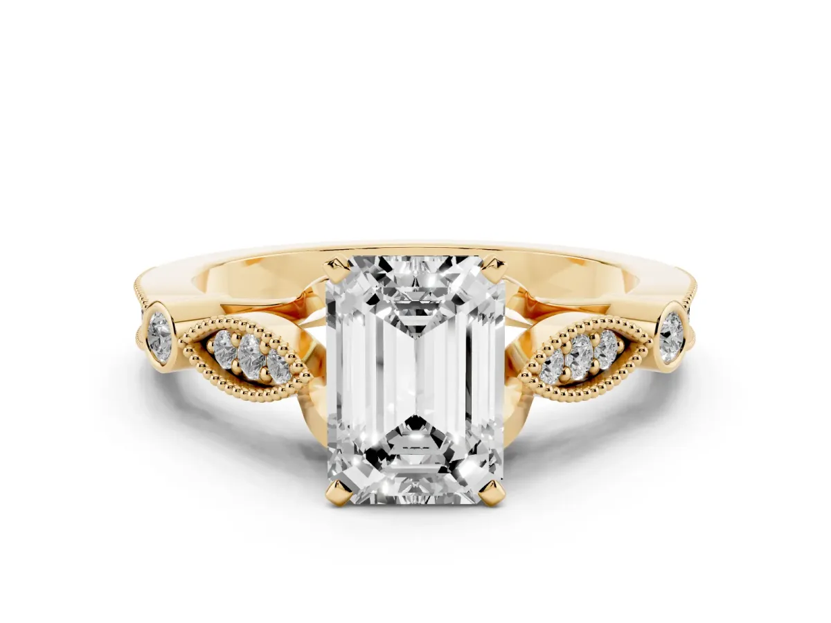 Emerald Cut Cut Diamond with Milgrain Marquise and Bezel Accents on a Solitaire Band with Prong Setting Yellow gold