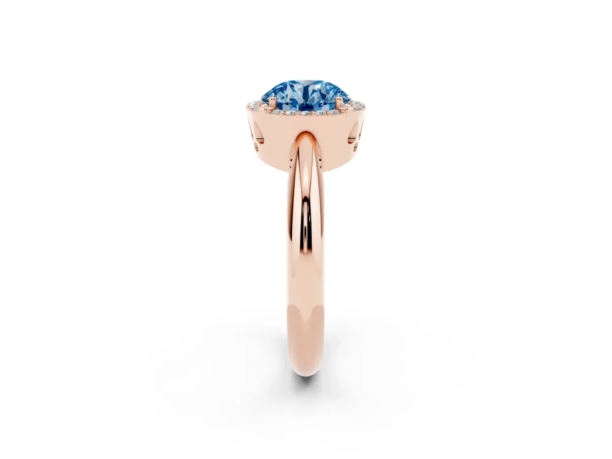 Fancy Blue Round Cut Cut Diamond Halo Engagement Ring with Split Shank and Four-Prong Setting Rose gold