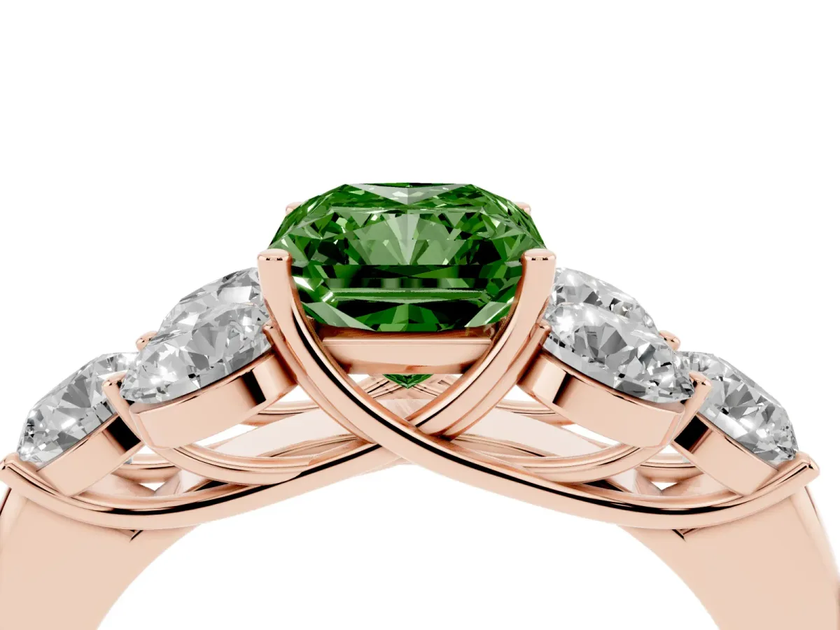 Fancy Green Radiant Cut Cut Diamond Cluster Ring with Round Accent Stones and Prong Setting on a Classic Band Rose gold