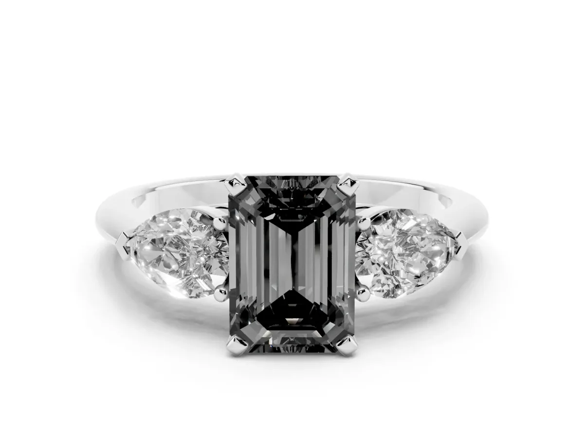 Fancy Black Three-Stone Emerald Cut Diamond Ring with Pear Side Stones and Four-Prong Setting Platinum