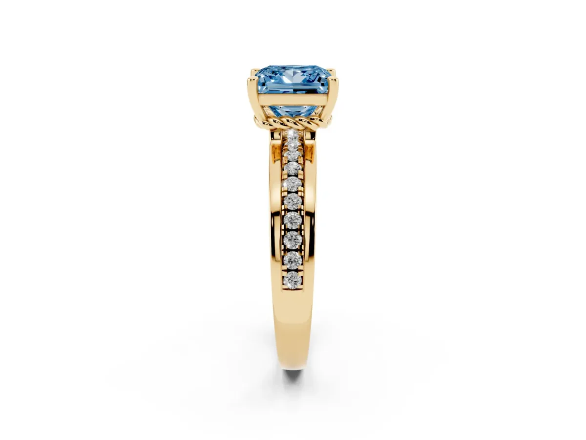Fancy Blue Princess Cut Solitaire Diamond Ring with Channel Set Band and Six-Prong Setting Yellow gold
