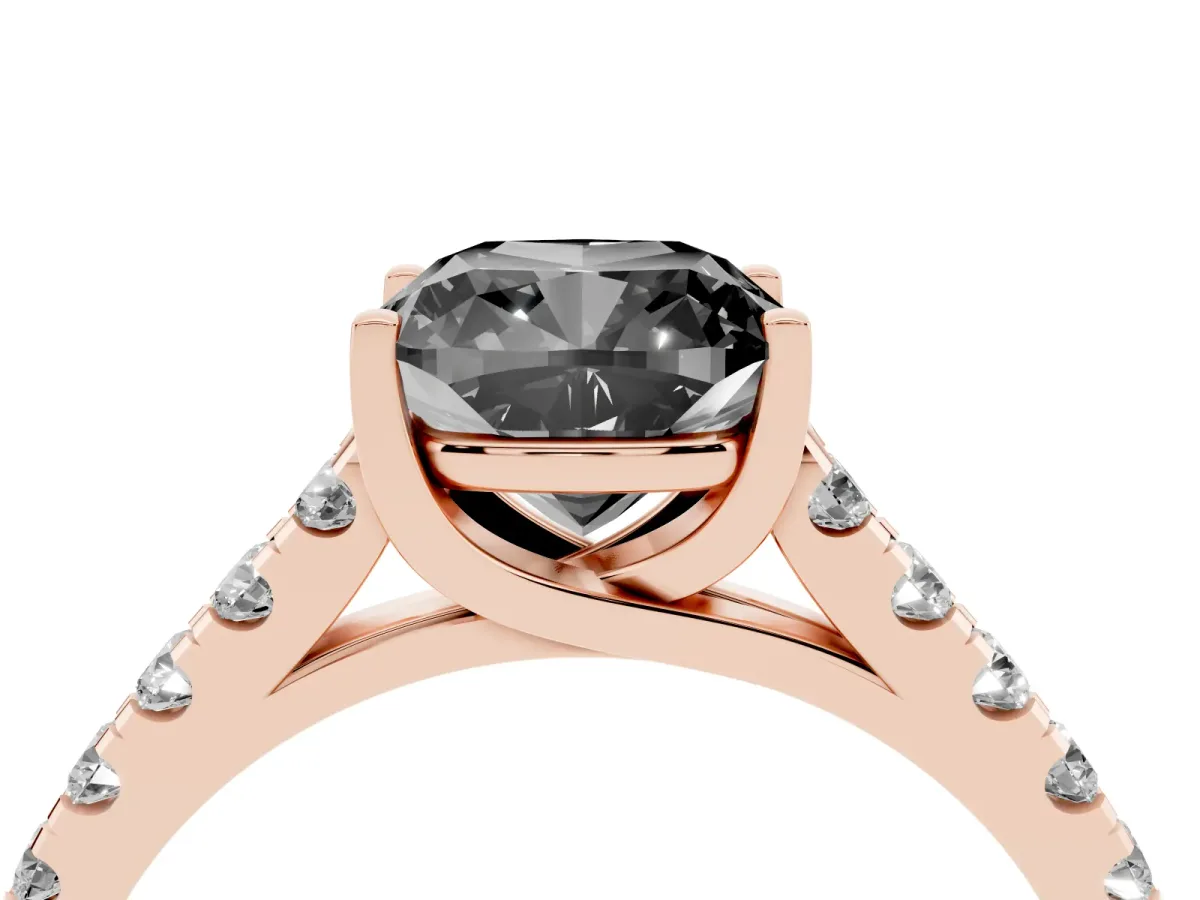 Fancy Black Cushion Cut Diamond Pavé Band Solitaire Ring with Prong Setting Rose gold