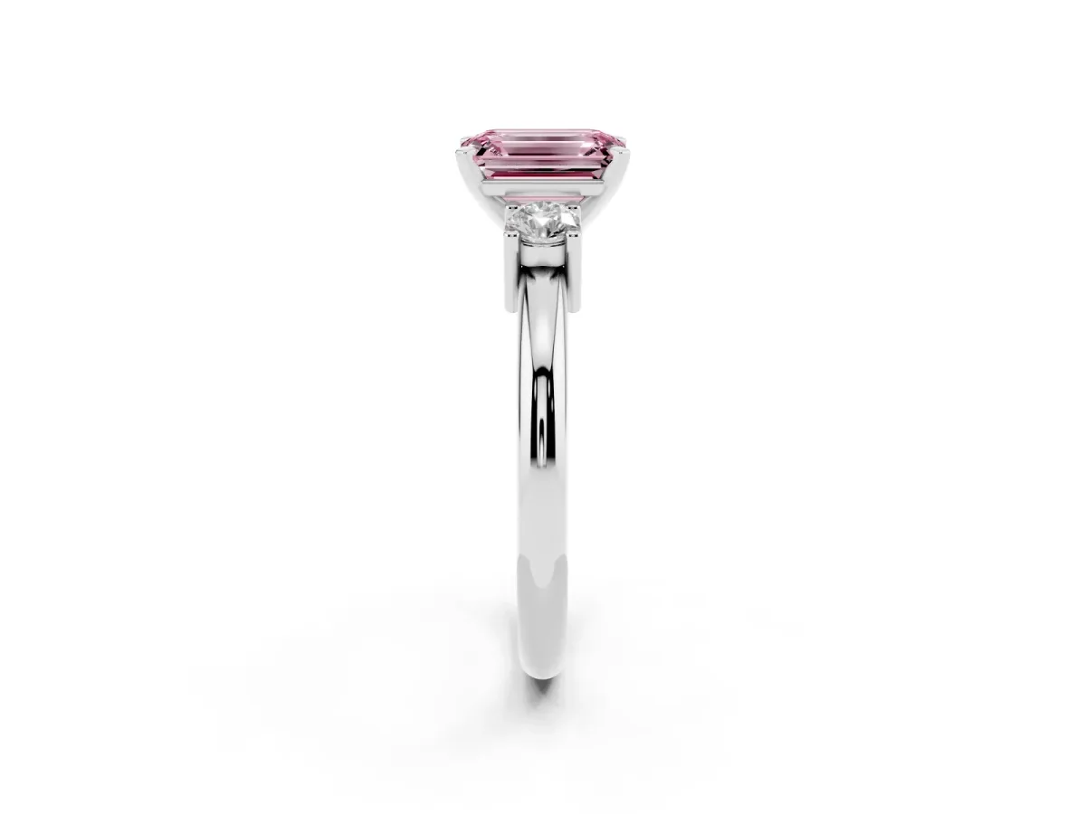 Fancy Pink Three-Stone Emerald Cut Cut Diamond Solitaire with Prong Setting and Classic Band Silver