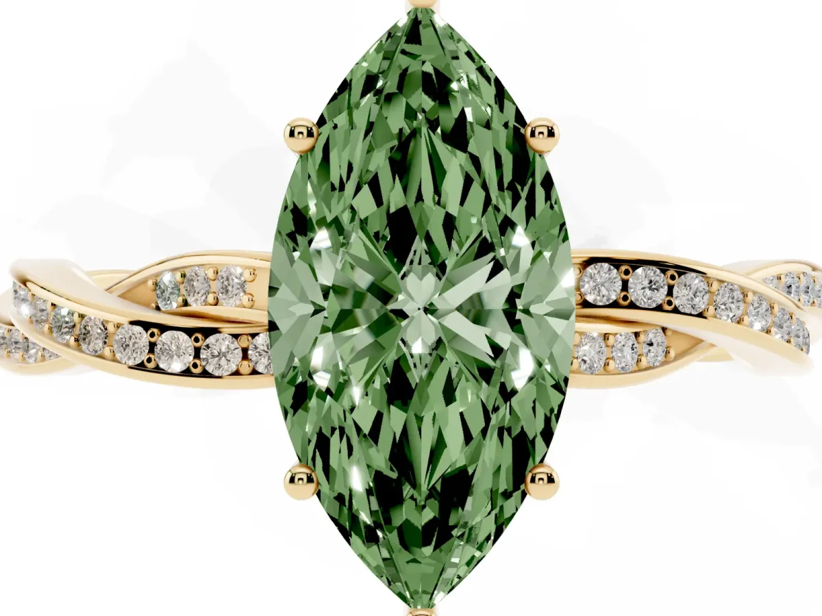 Fancy Green Marquise Cut Solitaire Twisted Pave Diamond Ring with Four-Prong Setting Yellow gold