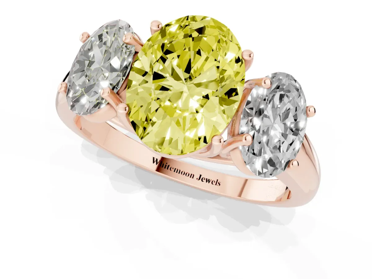 Fancy Yellow Three-Stone Oval Cut Diamond Engagement Ring with Prong Setting Rose gold