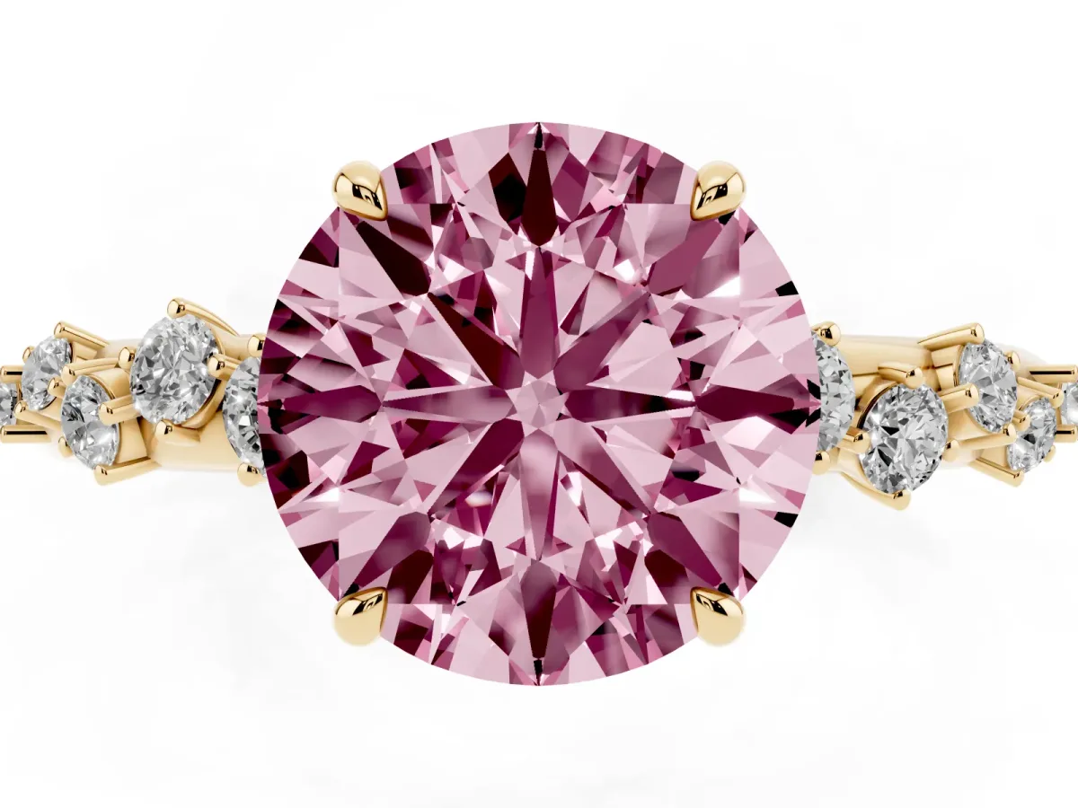 Fancy Pink Round Cut Diamond Cluster Prong-Set Solitaire Ring Yellow gold
