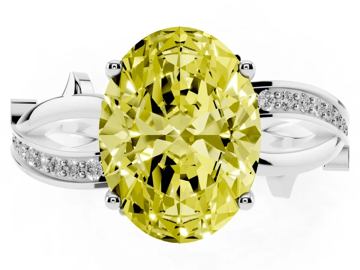 Fancy Yellow Oval Cut Solitaire Twist Band with Pavé Accents and Four-Prong Setting White gold