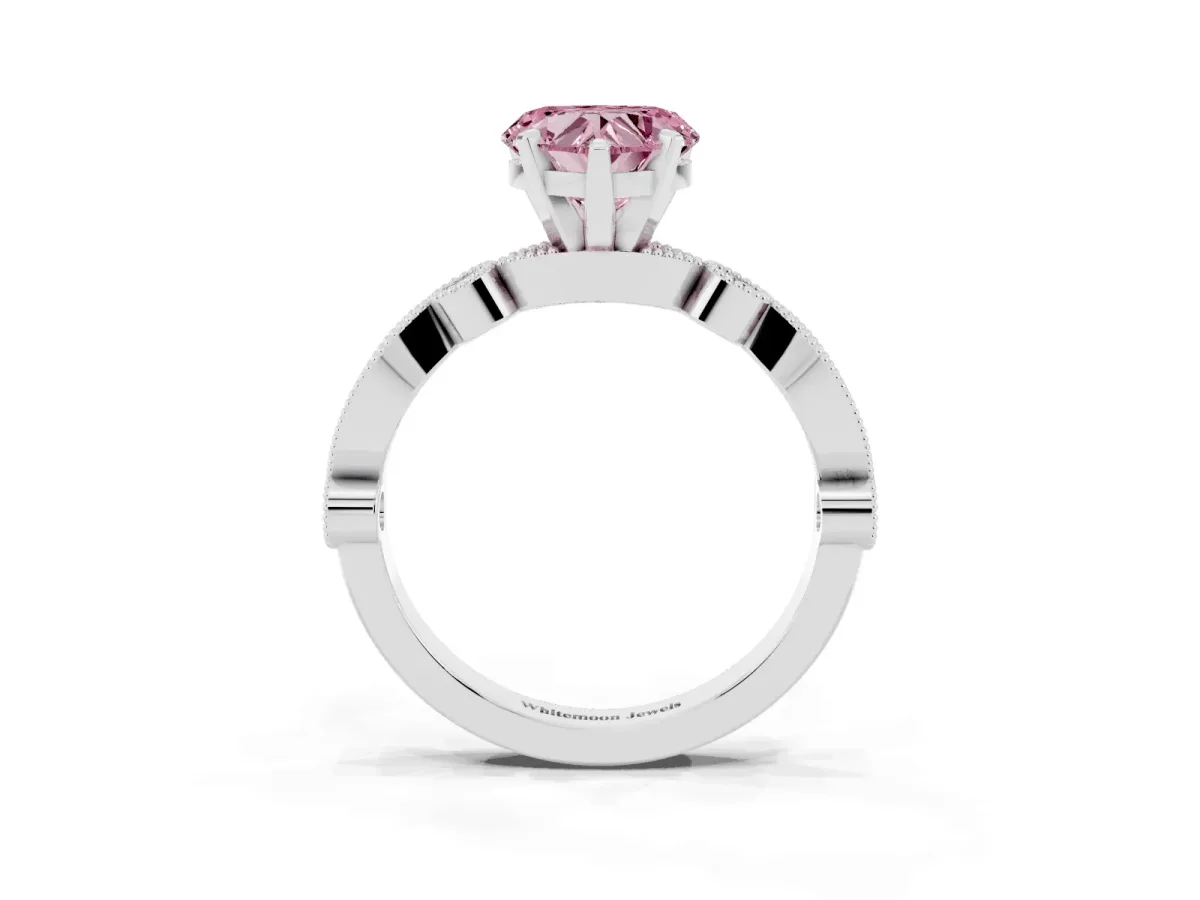 Fancy Pink Heart Cut Milgrain Bezel Diamond Engagement Ring with Solitaire Prong Setting Silver