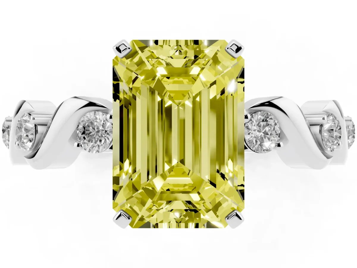 Fancy Yellow Emerald Cut Diamond Solitaire Twisted Band with Round Accents and Prong Setting Silver
