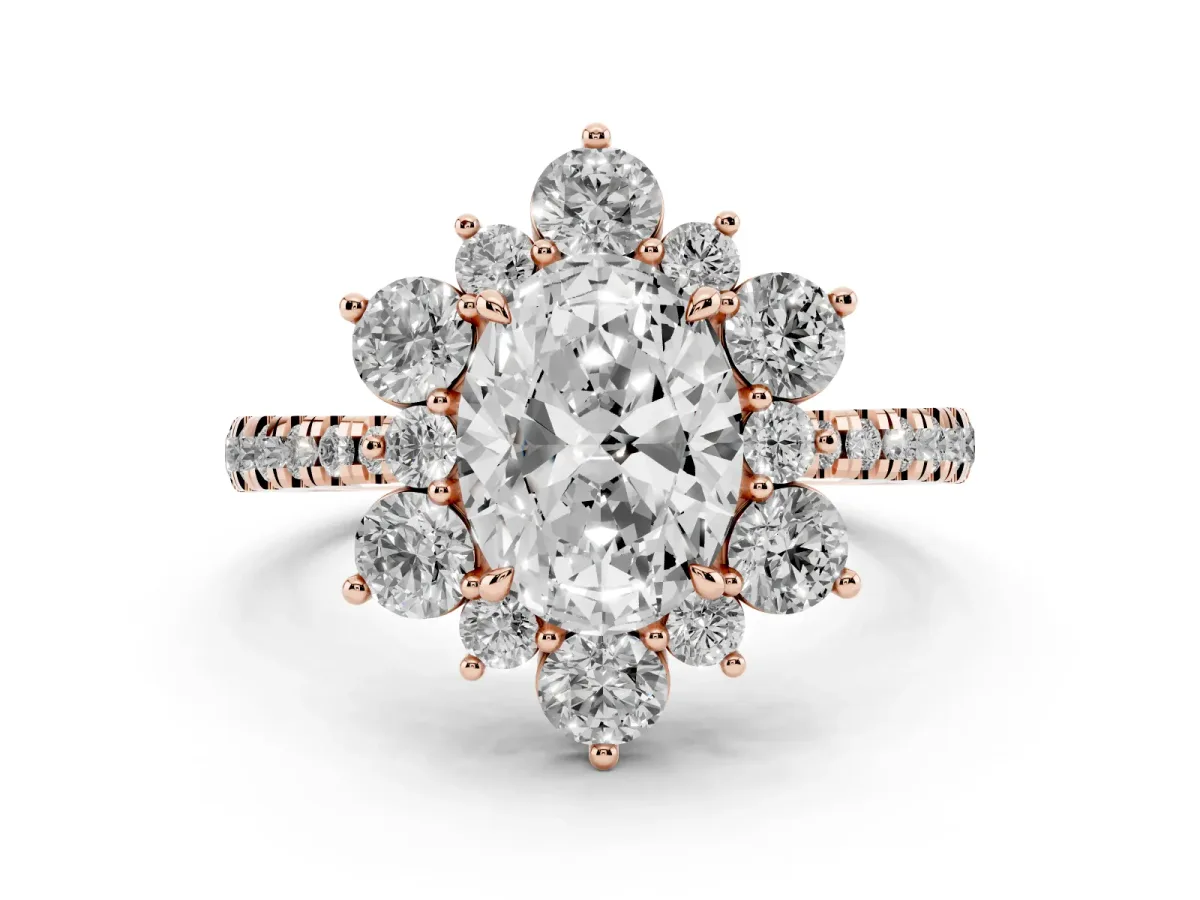 Oval Cut Diamond Floral Halo Ring with Round Pavé Band and Prong Setting Rose gold
