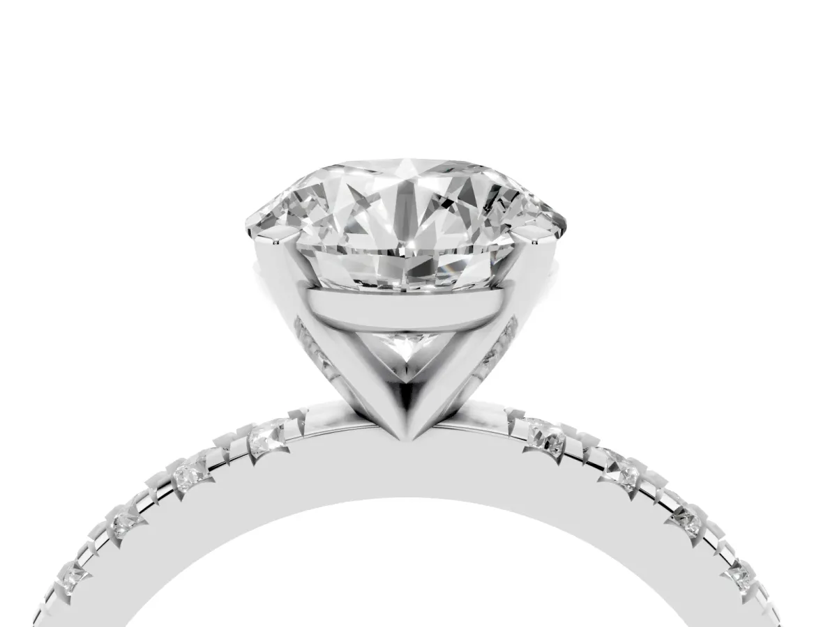 Round Cut Diamond Pavé Band Solitaire with Four-Prong Setting Silver