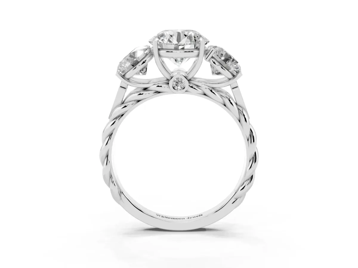 Three-Stone Round Cut Diamond Braided Band Ring with Four-Prong Setting Platinum