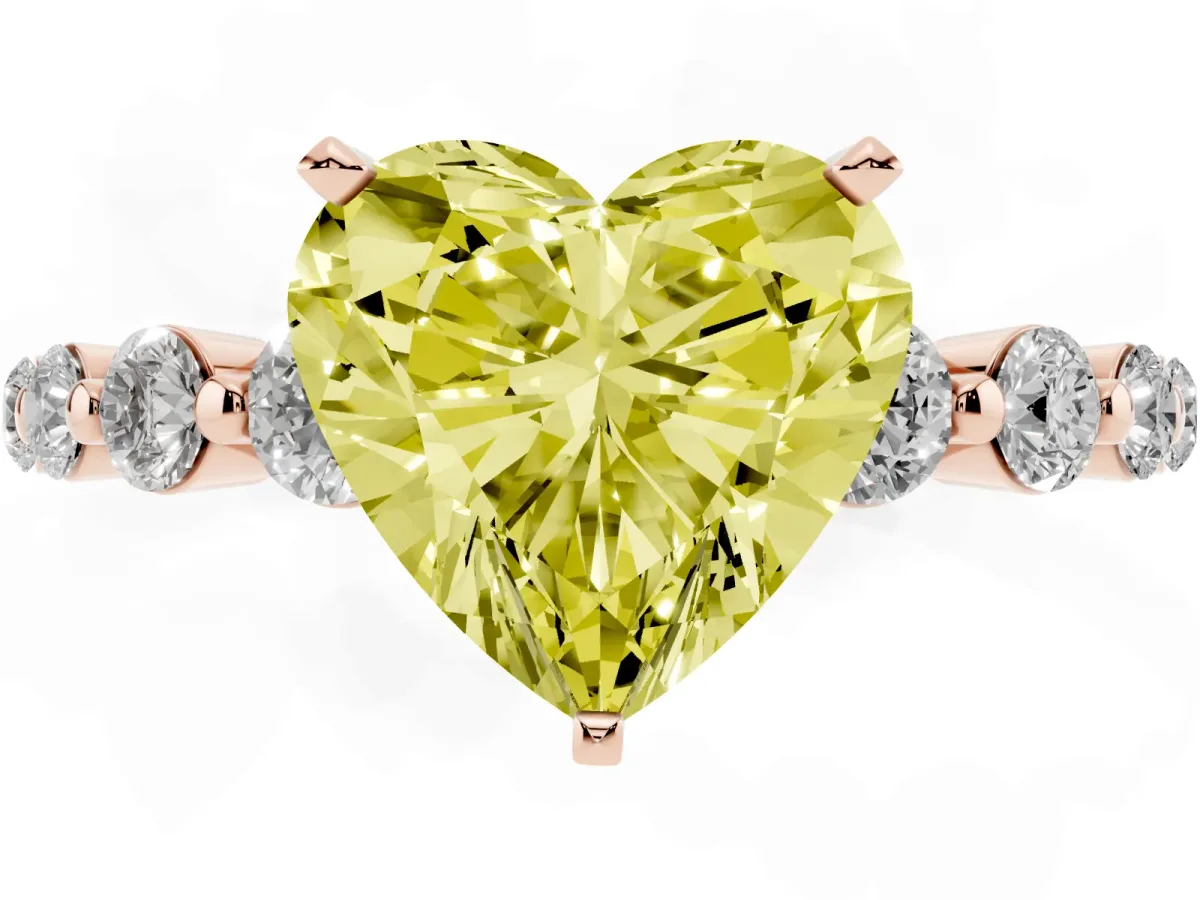Fancy Yellow Heart Cut Solitaire Diamond Ring with Pave Band and Four-Prong Setting Rose gold