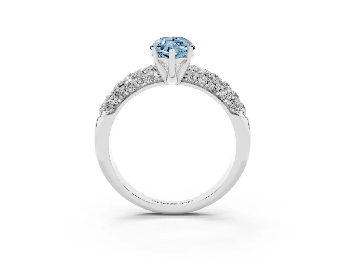Fancy Blue Marquise Cut Diamond Pavé Band Solitaire Ring with Four-Prong Setting Silver