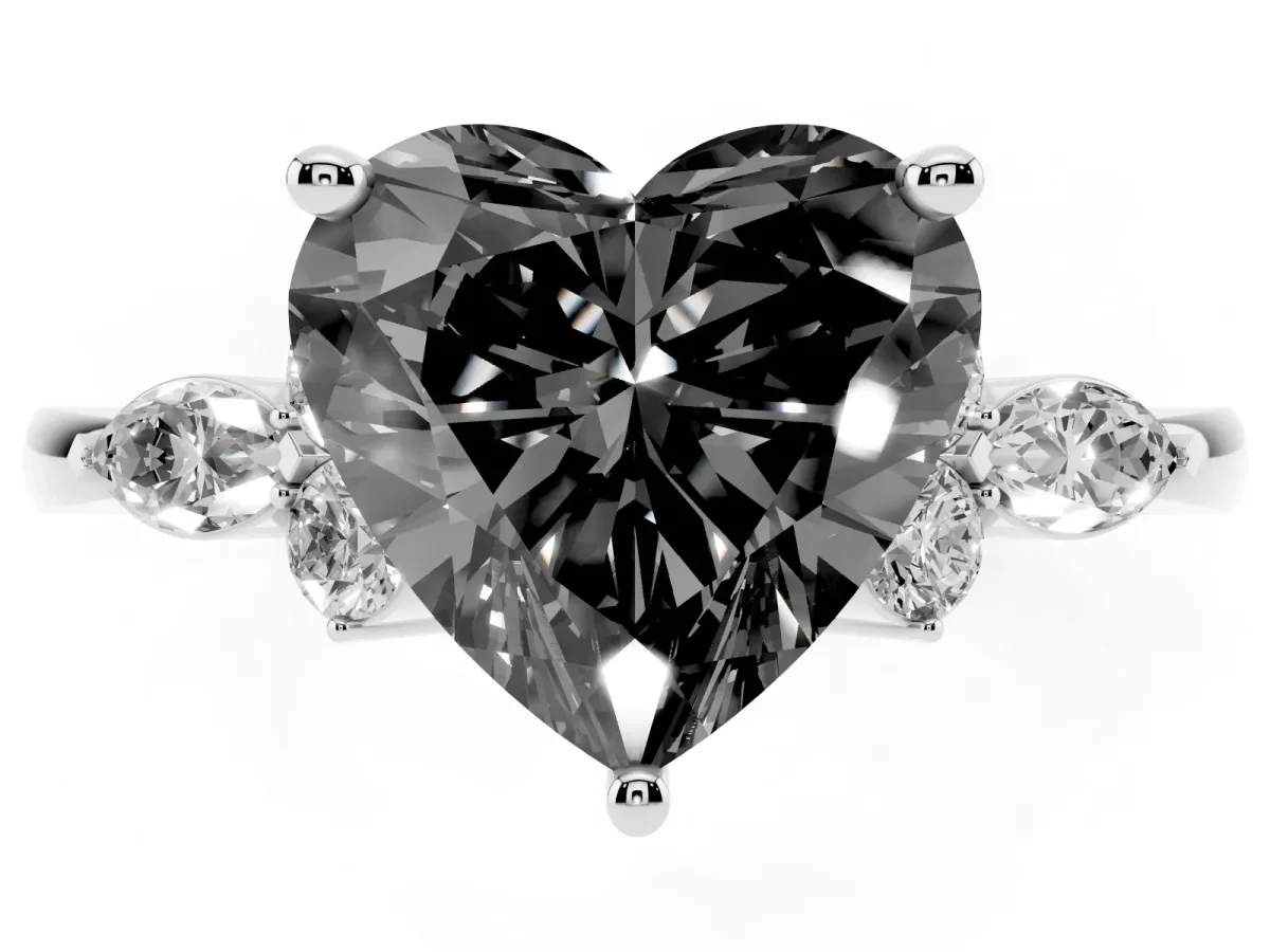 Fancy Black Heart Cut Brilliant Diamond Solitaire Ring with Pear Side Stones and Four-Prong Setting Platinum