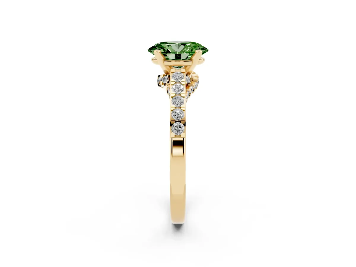 Fancy Green Oval Cut Diamond Solitaire Ring with Crossover Gallery and Round Pavé Band Yellow gold
