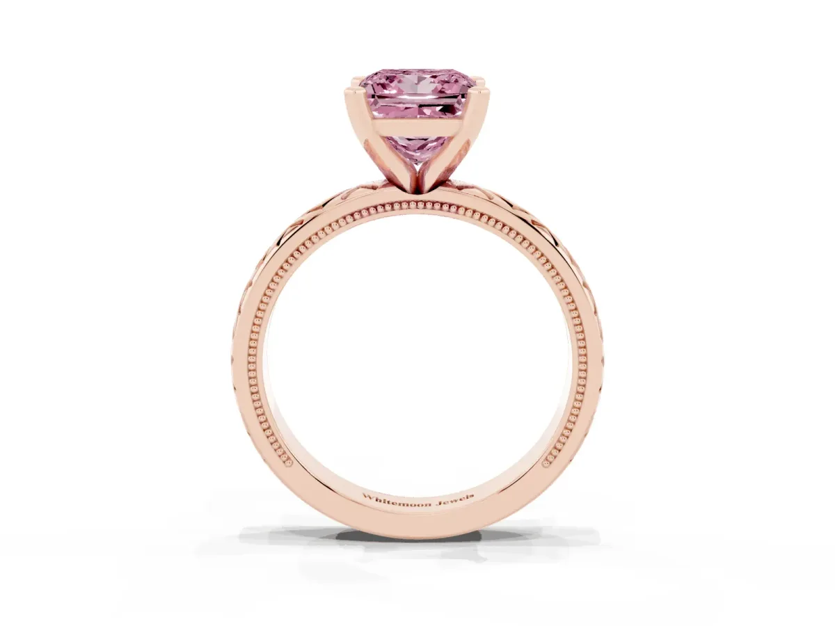 Fancy Pink Princess Cut Solitaire Diamond Ring with Milgrain and Black Enamel X Pattern Band Rose gold
