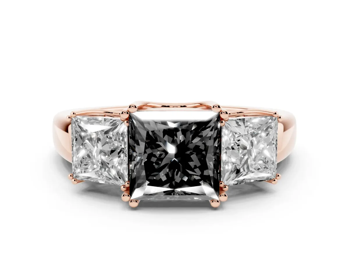 Fancy Black Three-Stone Princess Cut Cut Diamond Ring with Channel Set Band and Four-Prong Setting Rose gold