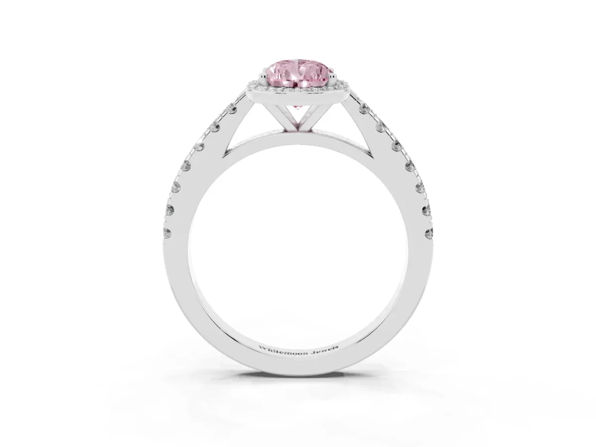 Fancy Pink Pear Cut Cut Halo Diamond Engagement Ring with Pave Band and Four-Prong Setting Platinum