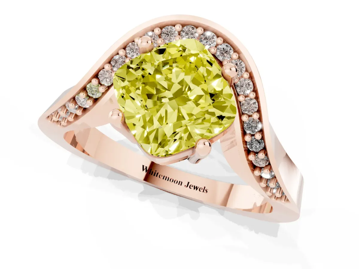 Fancy Yellow Cushion Cut Solitaire Diamond Engagement Ring with Pave Band and Four-Prong Setting Rose gold