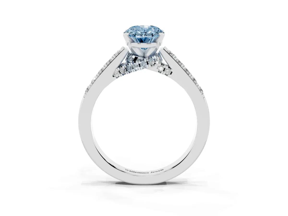Fancy Blue Oval Cut Diamond Solitaire Ring with Crossover Gallery and Round Pavé Band Silver