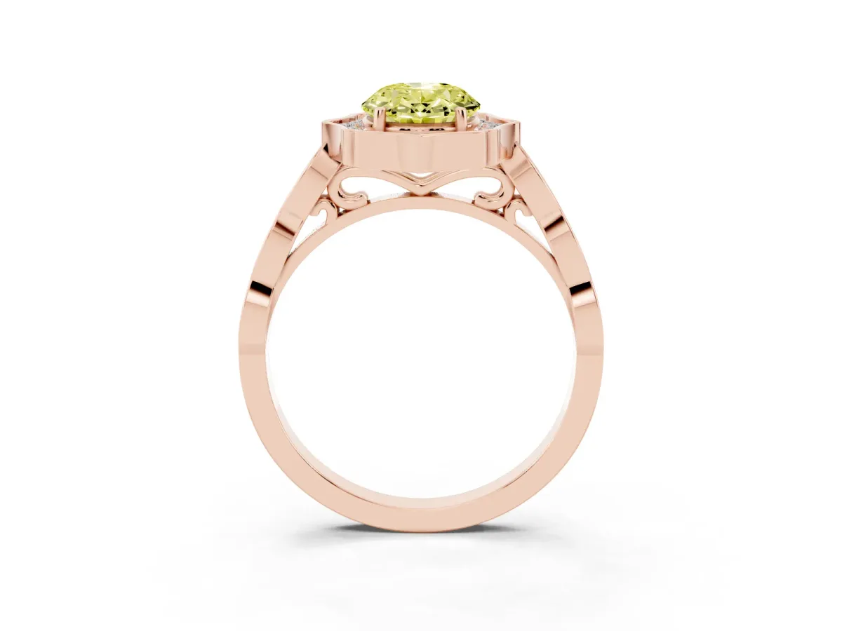 Fancy Yellow Oval Cut Halo Diamond Engagement Ring with Milgrain Band and Four-Prong Setting Rose gold