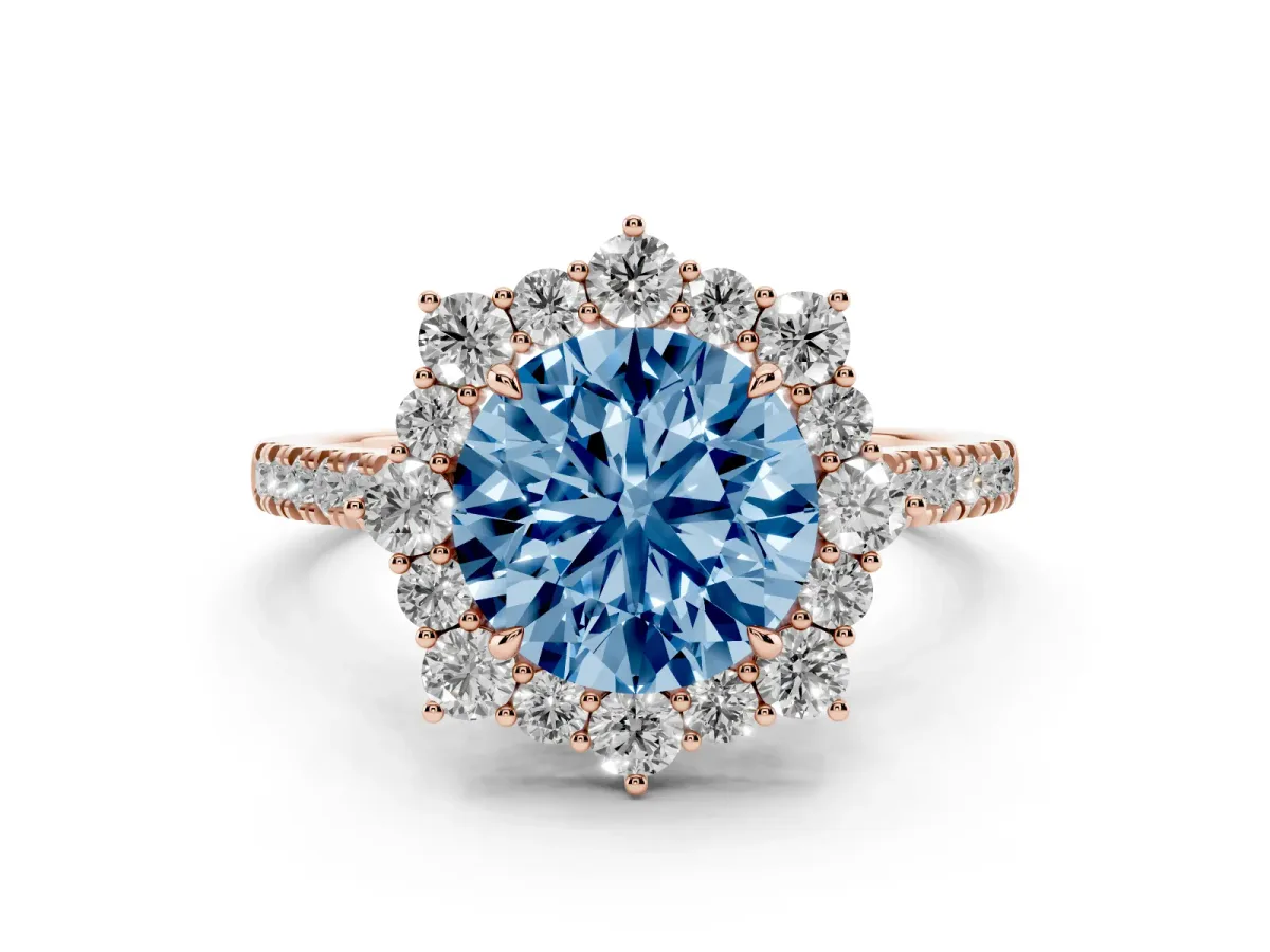 Fancy Blue Round Cut Halo Diamond Ring with Pavé Band and Prong Setting Rose gold