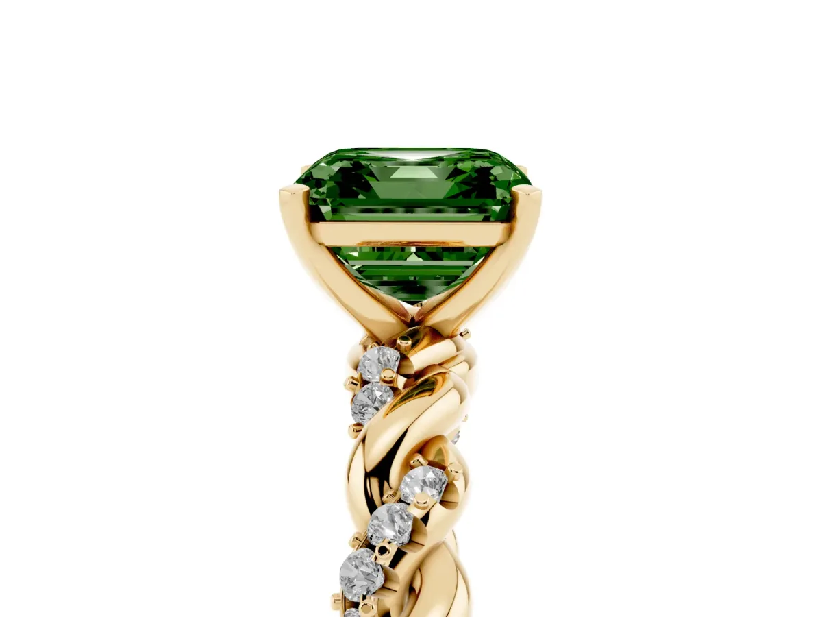 Fancy Green Asscher Cut Diamond Solitaire Ring with Twisted Band and Pavé Accents Yellow gold